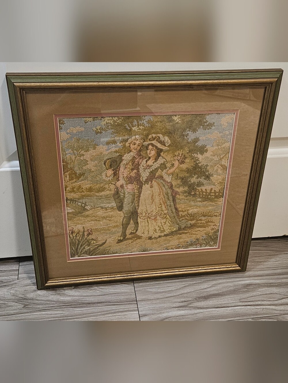 Framed Vintage Romantic Courting Scene Woven Tapestry Needlepoint Work Wall Art